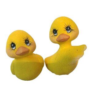 Vintage Yellow Ceramic Hand Painted Baby Duck Figurine Set Of Two Decorative